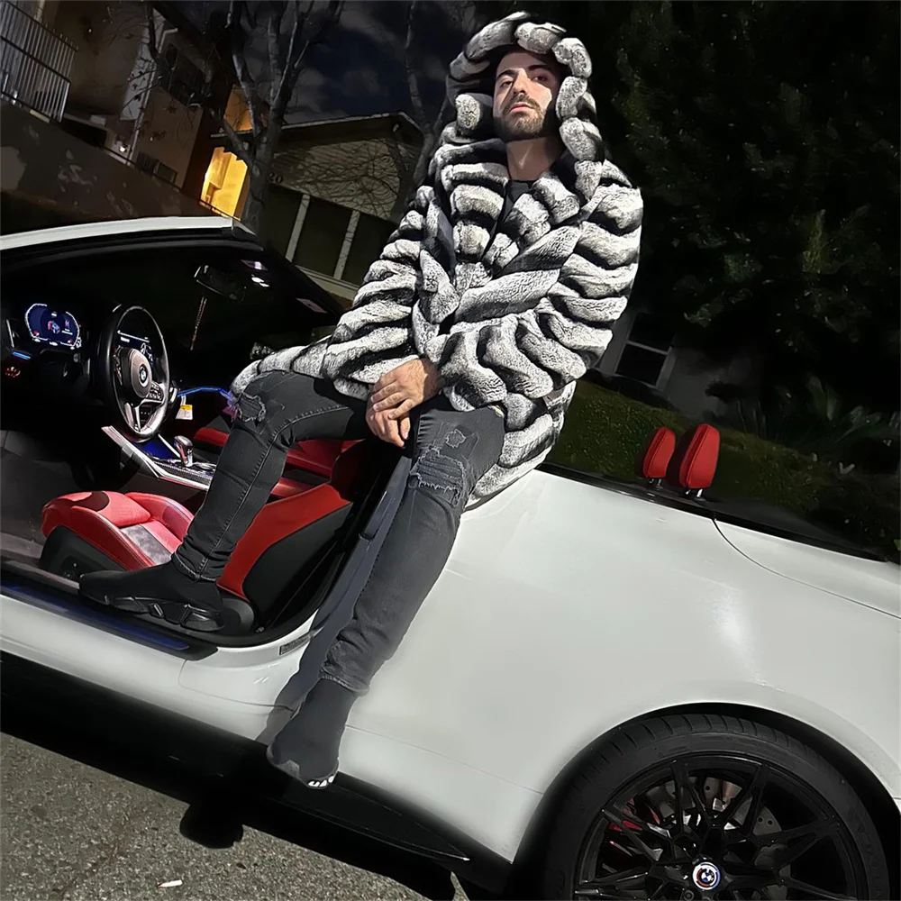 Роскошная мужская шуба из натурального меха кролика рекс шиншиллы зимняя