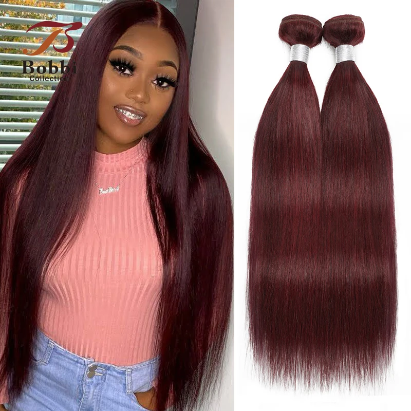 

2/3/4 Bundles Indian Straight Hair Weave #99j Dark Wine Color Burgundy Remy Human Hair Extension 10-26 inch Bobbi Collection