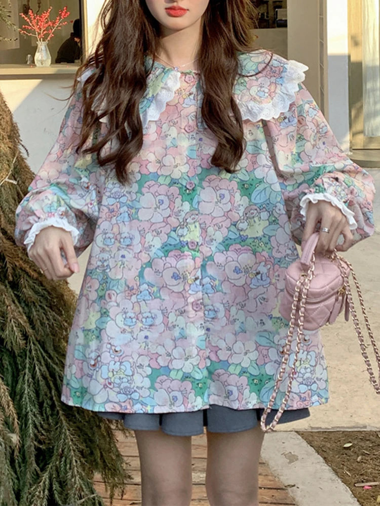 

KIMOKOKM Spring Summer Korea V-Neck Lace Flower Printing Sweetheart Blouses Sweet Flare Sleeve Cute Ruffles Tender Lady Shirt