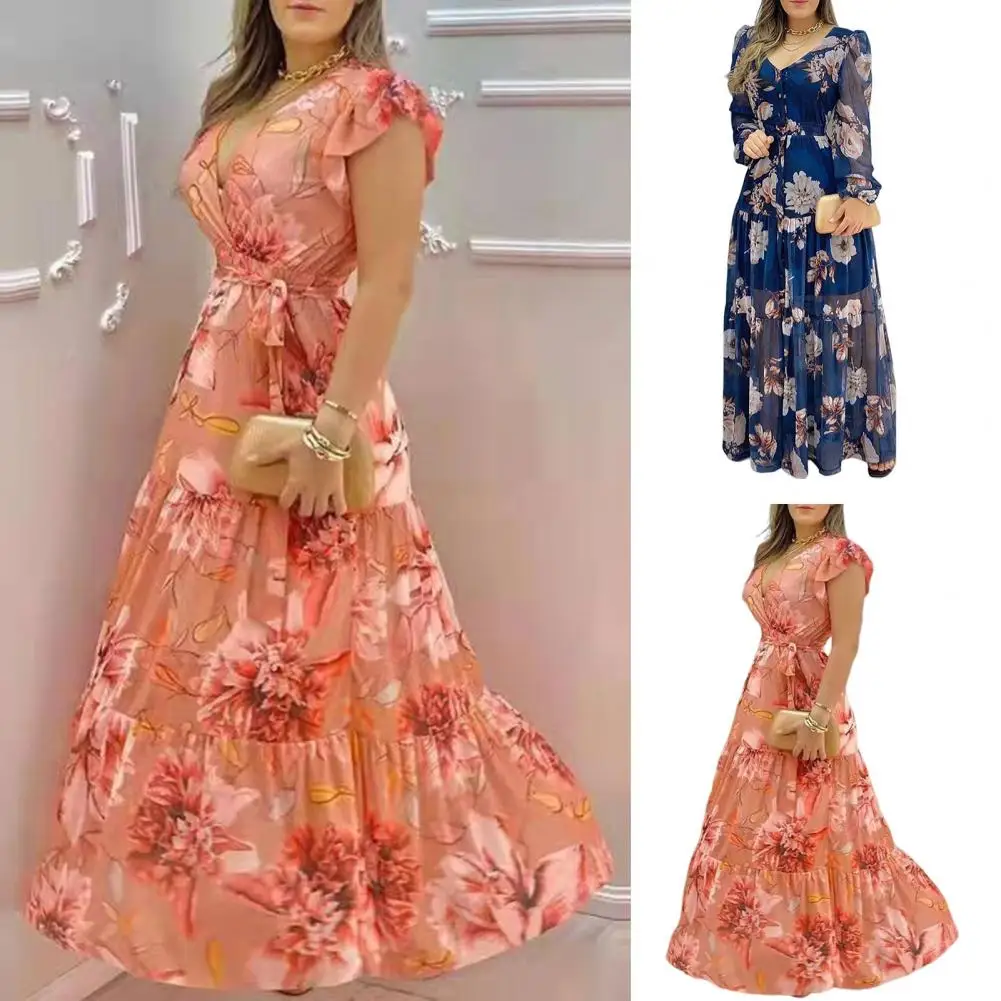 

Comfortable Fashion Ladies Summer Flower Print Chiffon Dress Skin-touching Maxi Dress Anti-shrink Female Clothing