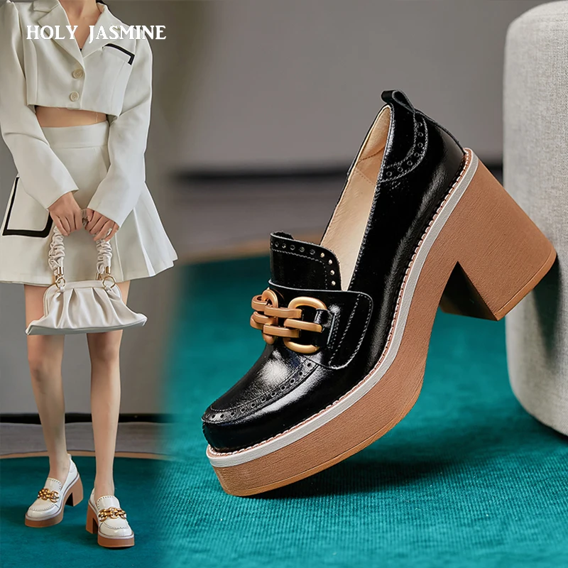 

Women Autumn New Chunky High Heel Calf Leather Beige Women Loafers Square Toe British Style Female Shoes 2022 New Platform Heels