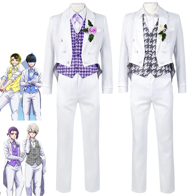 

New Blue Lock Anime Cosplay Costume Wig Reo Nagi Cosplay Costume Exhibition Tuxedo Tailcoat Suit White Uniform Party Full Set