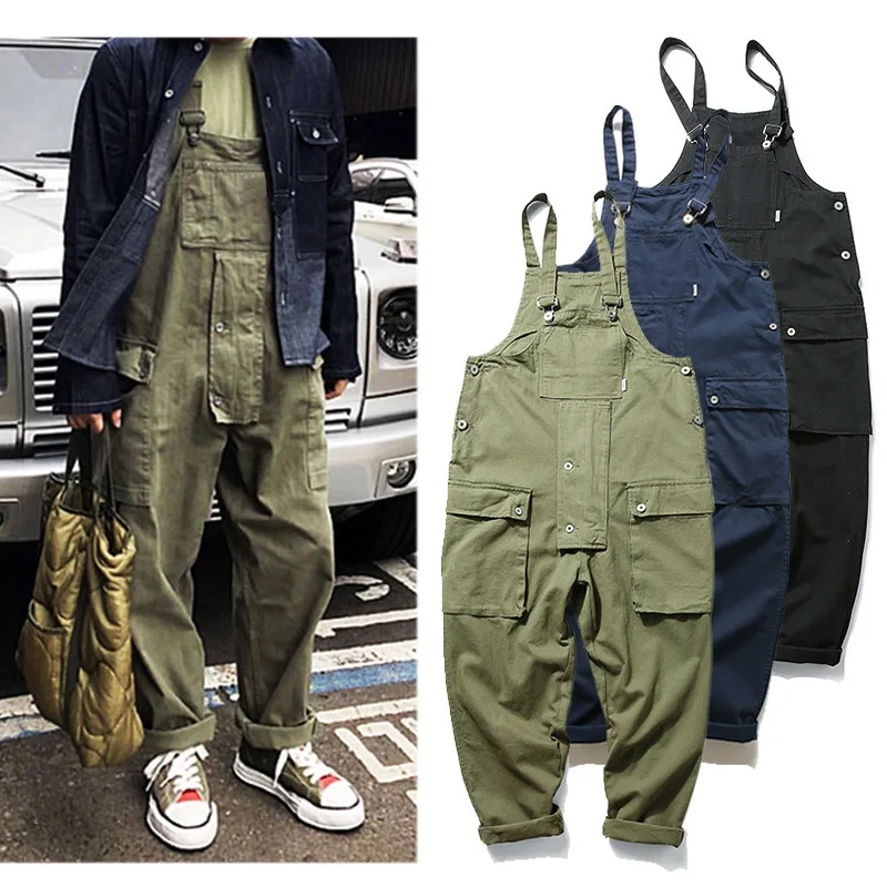 

American Casual Bibs Mens Overalls Loose Suspenders Cargo Pants Male Mameluco Hombre Trabajo Full Length Japanese Streetwear