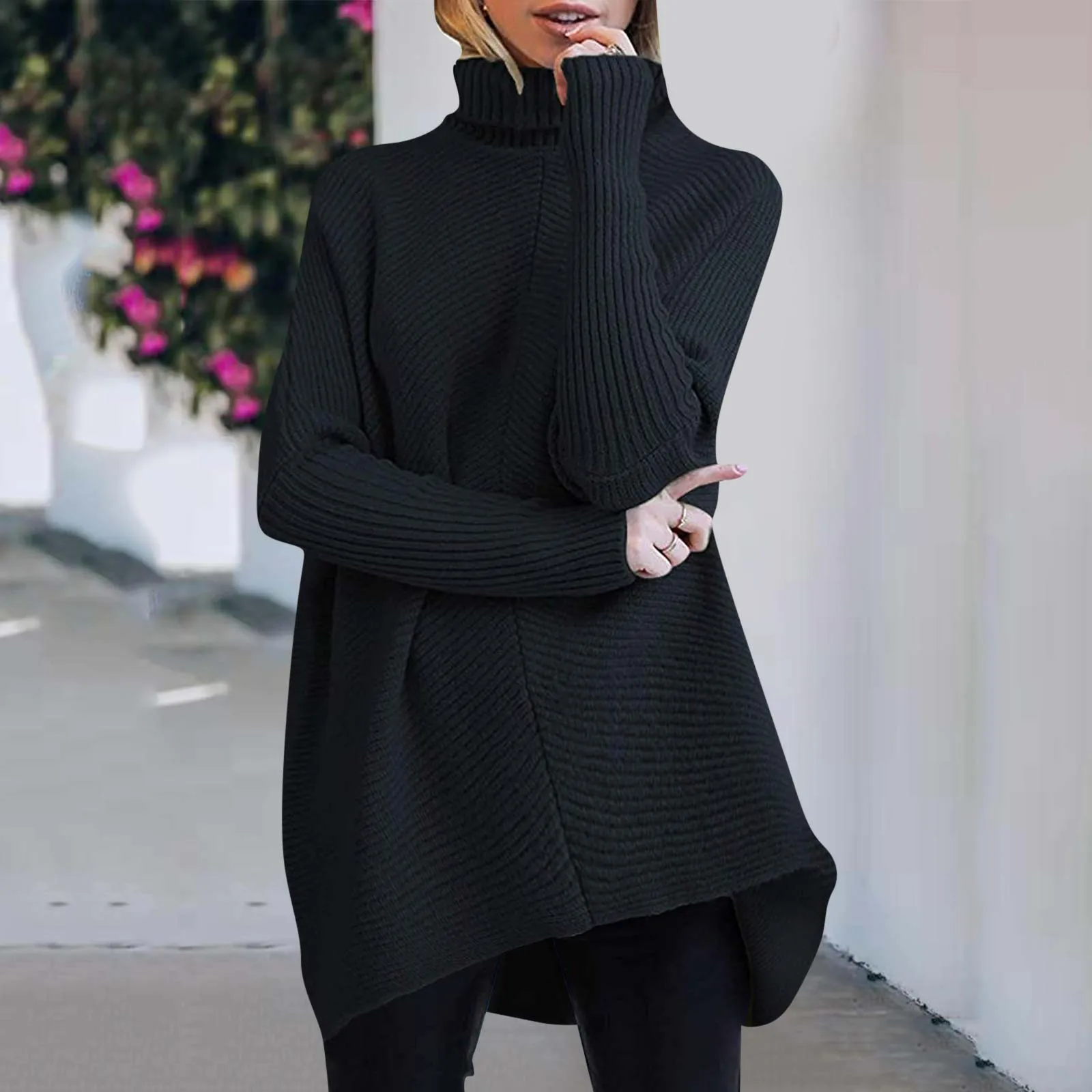 

Pales Womens Turtleneck Long Batwing Sleeve Asymmetric Hem Casual Pullover Sweater Knit Tops