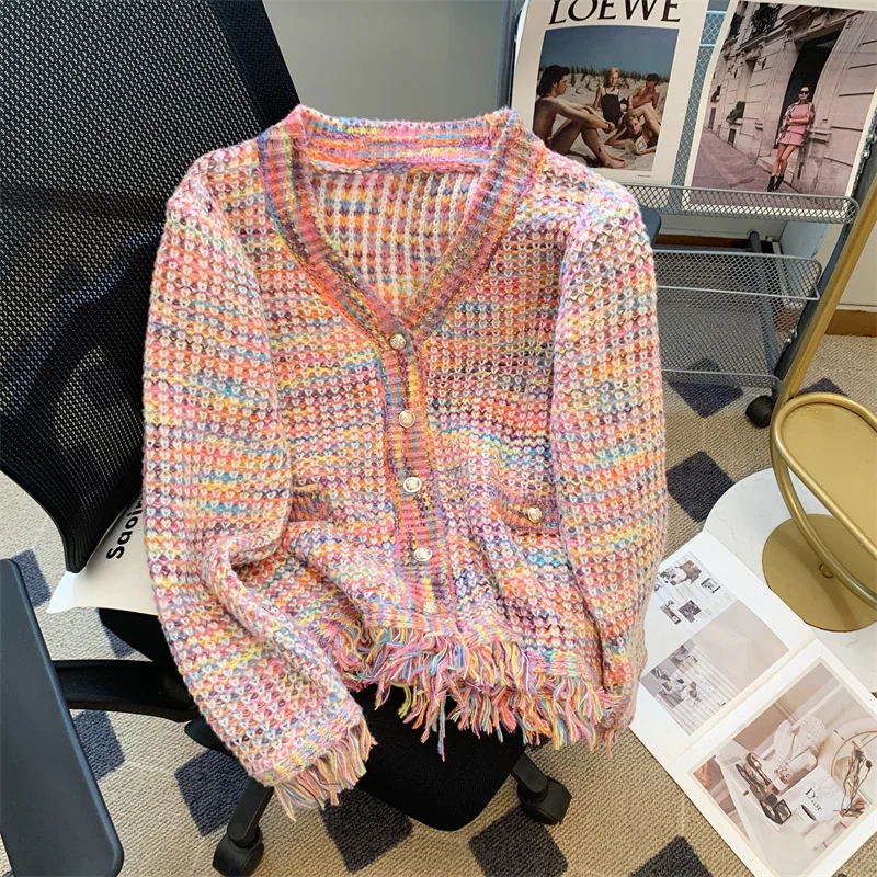

Autumn French Small Fragrance Rainbow Tassel Knitted Sweater Cardigan Women's V-neck Long Sleeve Loose Korean Casual Knitwear