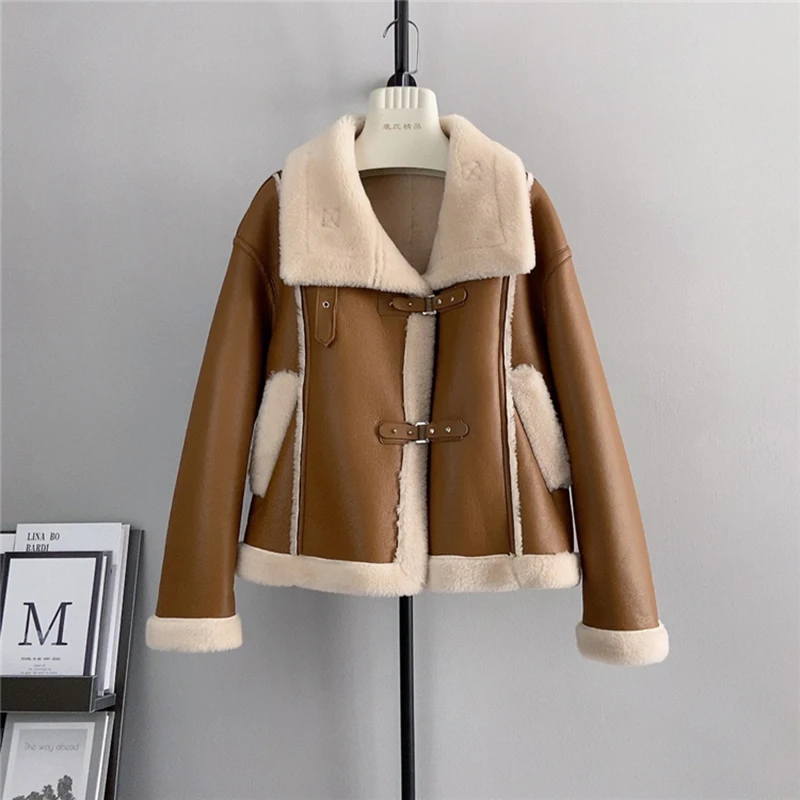 Кожаные пальто из натуральной овечьей шерсти женские зимние новые шикарные