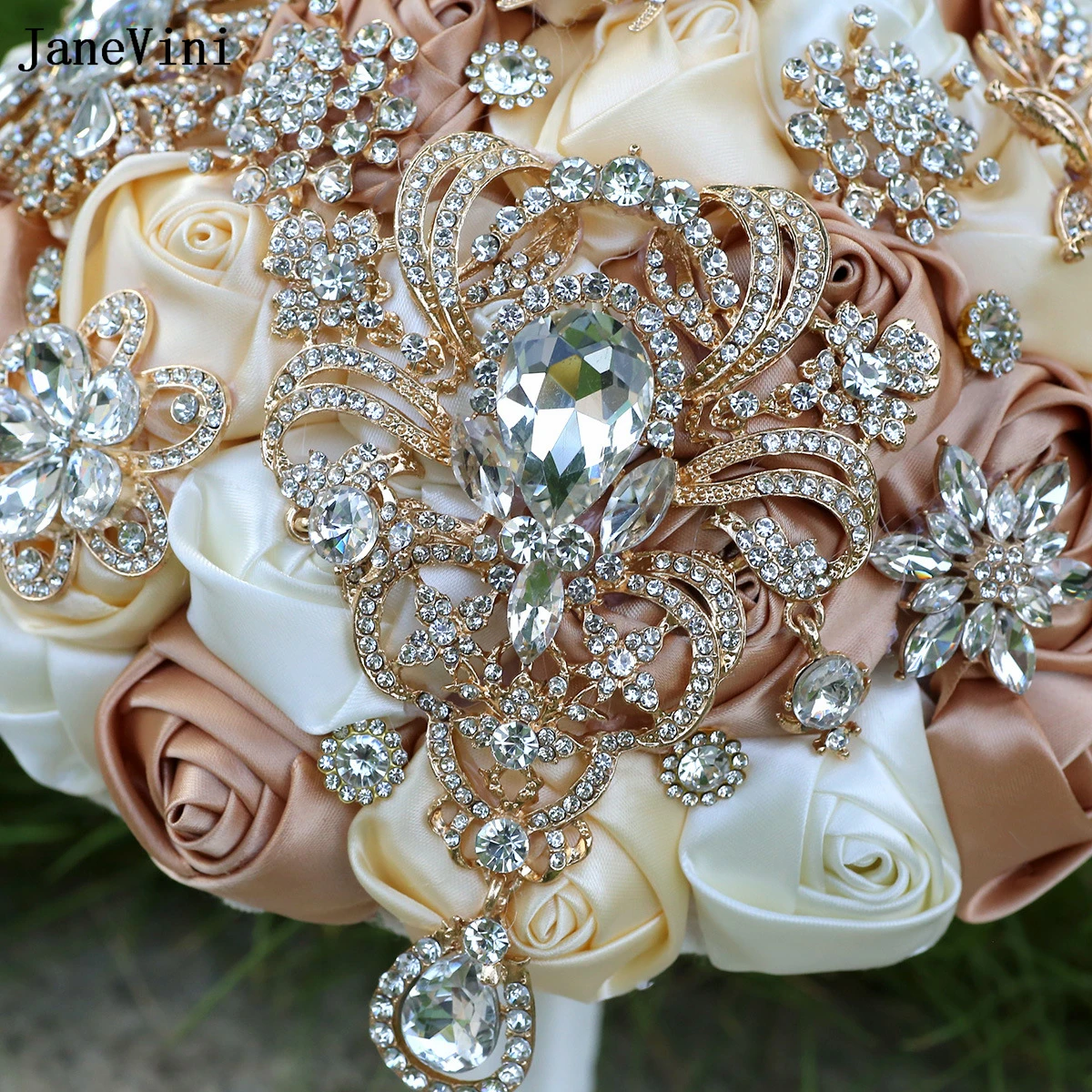 JaneVini Роскошные цветы абрикоса цвета хаки Свадебные букеты блестящие золотые