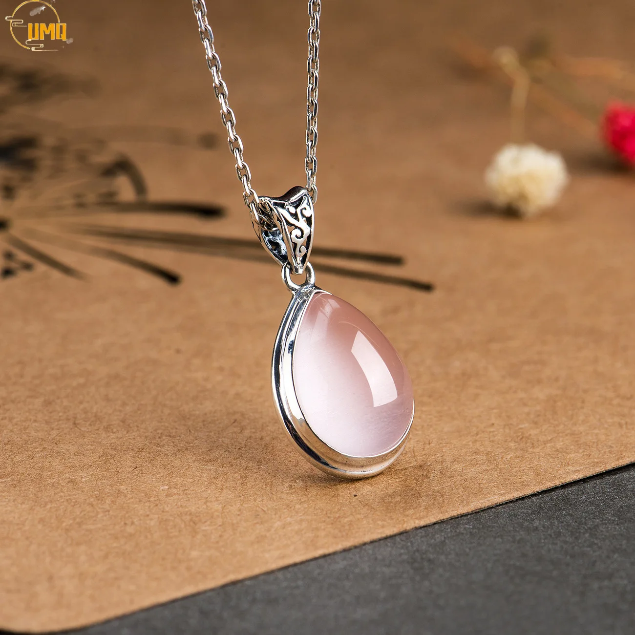 

High Quality 925 Sterling Silver Natural Stone Pink Crystal Necklace Rose Quartz Female Women Jewelry Drop Pendant with Chain