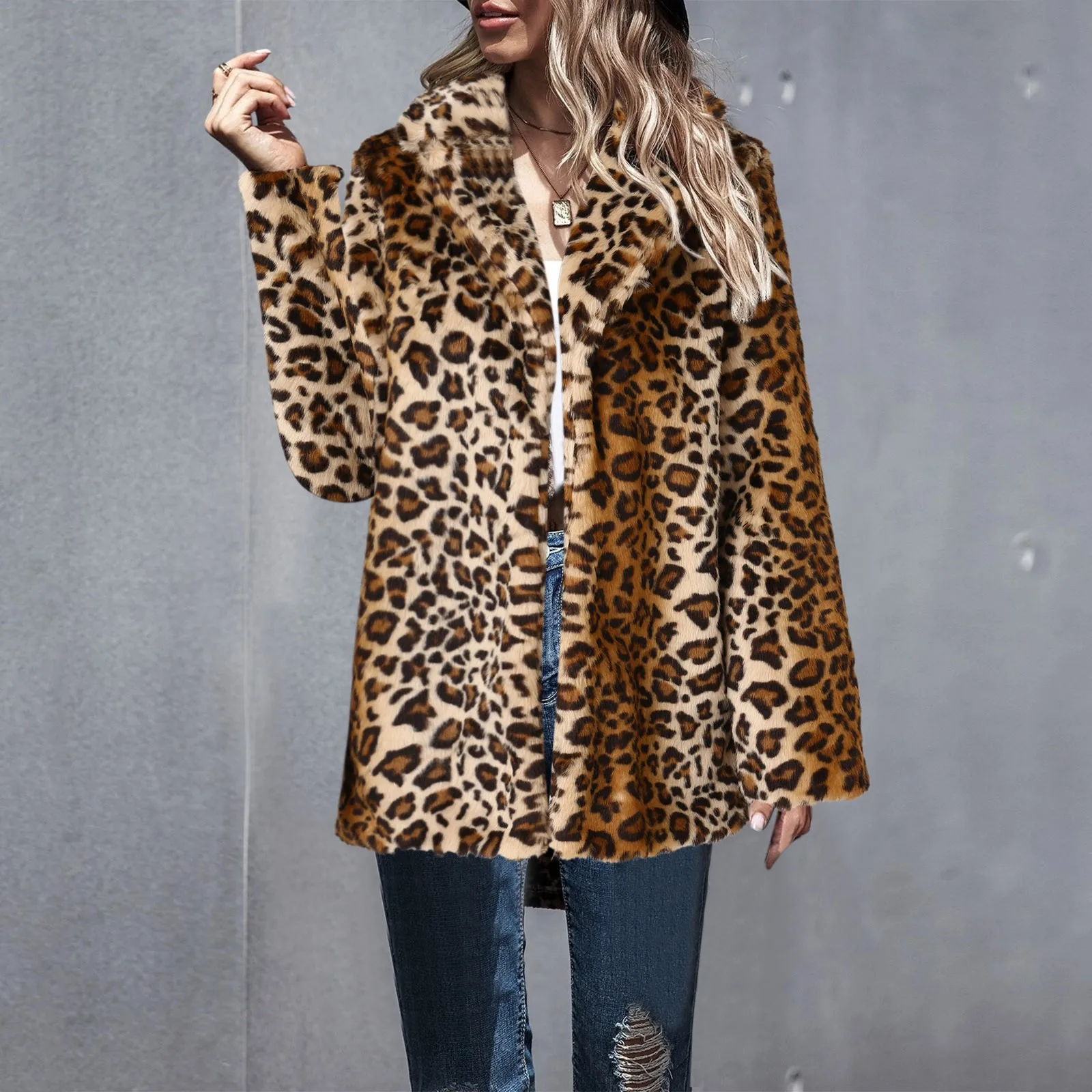 

Женское зимнее пальто, новое пальто средней длины с имитацией воротника, пикантное пальто с леопардовым принтом, флисовая куртка с капюшоно...