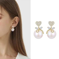 cute pearls bowknot drop earrings aaa cubic zirconia heart earring wedding bridal jewelry for women anniversary gifts