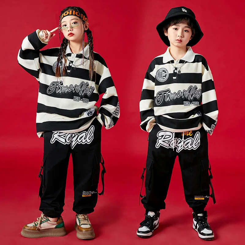 

2023 Teenager Hip Hop Dance Clothes Boys Street Dance Loose Tops Black Cargo Pants Girls Drum Jazz Performance Costume BL10072