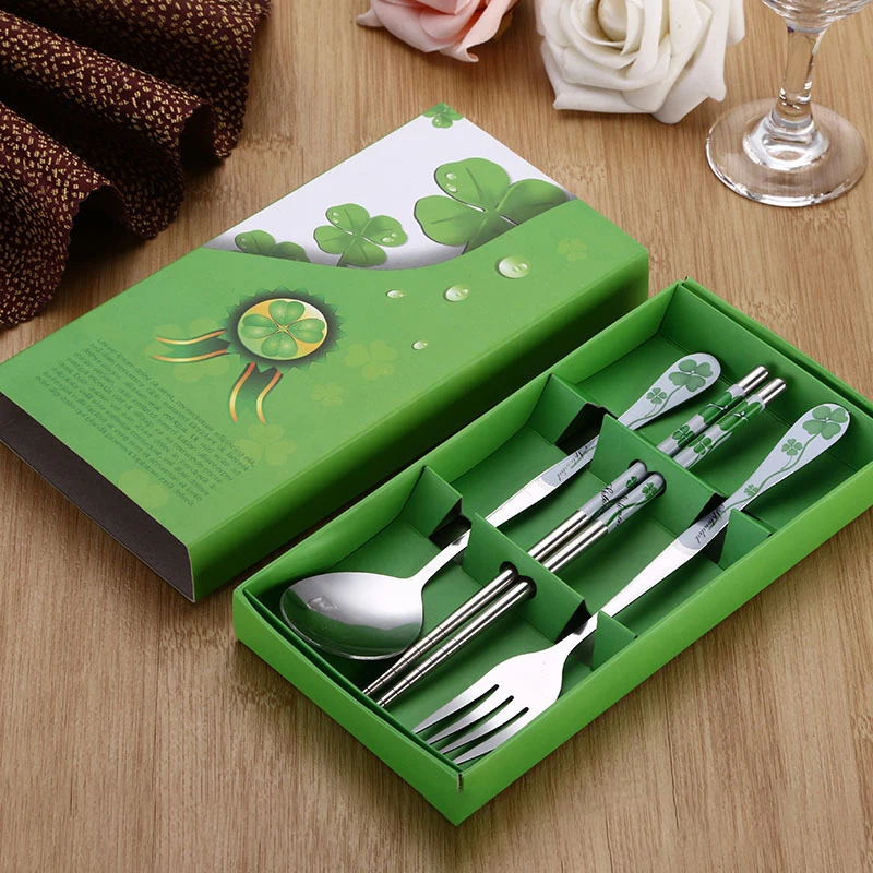 

Cutlery Set 3 Pcs Set Of Box Smooth Edges Mirror Polished Blue And White Porcelain Stainless Steel Tableware Portable