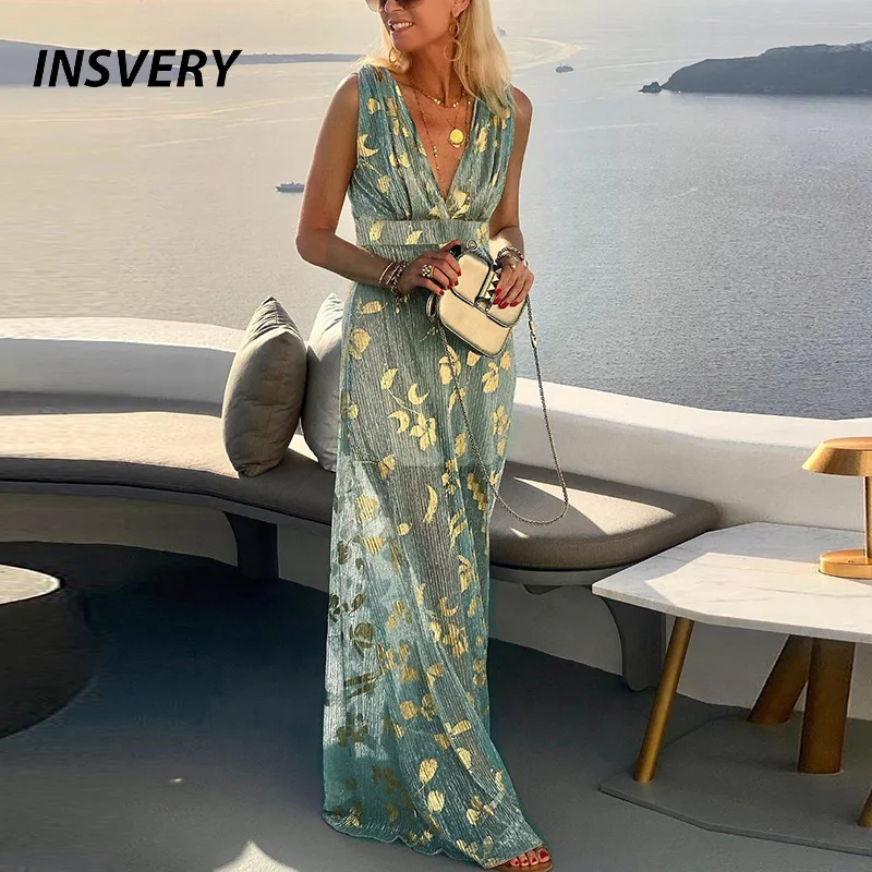 

Vintage Print Long Dress Women Summer Sleeveless V Neck Shiny Maxi Dresses For Women Beach Dresses Boho