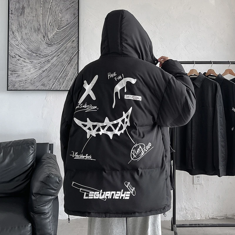 Winter Men Hooded Parkas 2022 New Thicking Casual Loose Warm Print Coat Hip Hop Streetwear Cotton Couples Ins Jacket Oversized