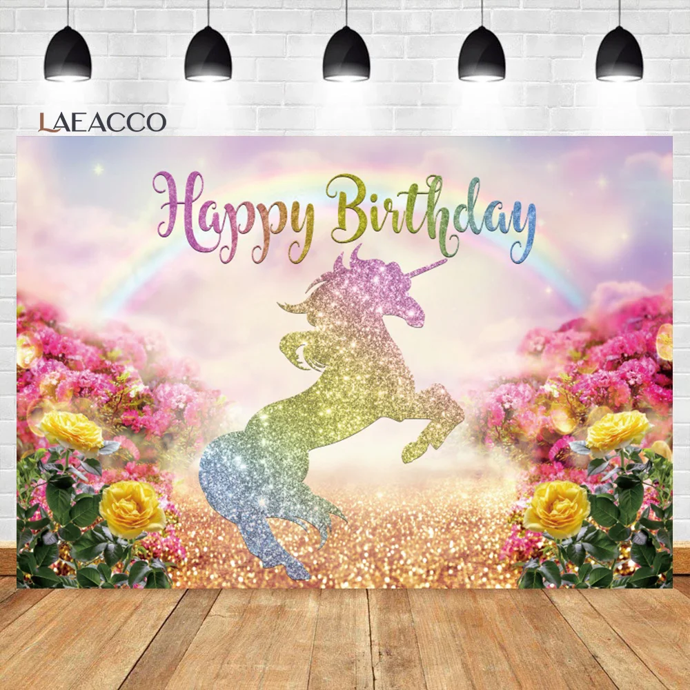 

Laeacco фон для фотосъемки девочек на день рождения с блестками единорог Радуга Розовые цветы принцесса малыш душ портрет пользовательский фон для фотосъемки