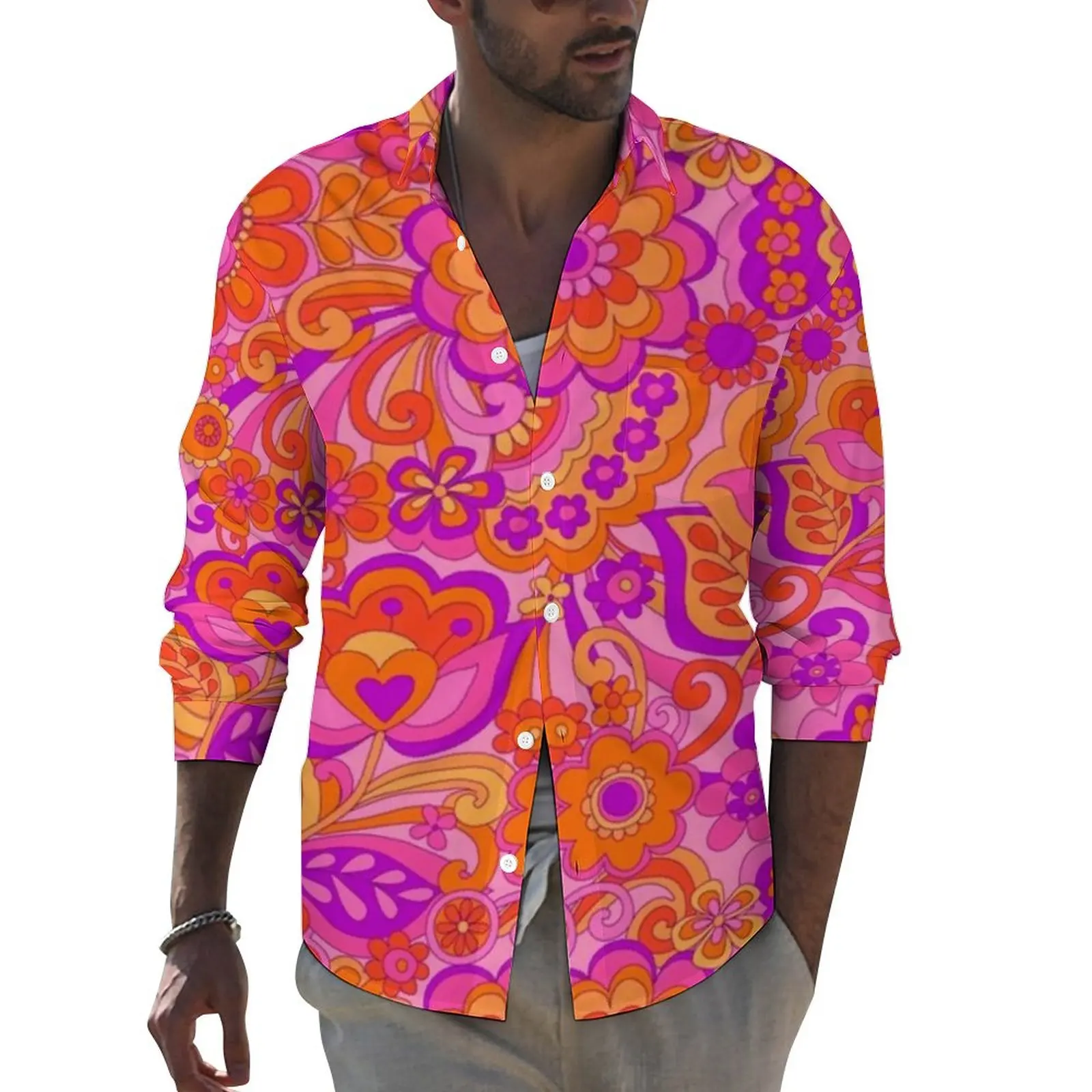 

Рубашка мужская с длинным рукавом, модная Повседневная Блузка в стиле Харадзюку, с принтом розовых цветов, в стиле 60-х, осень