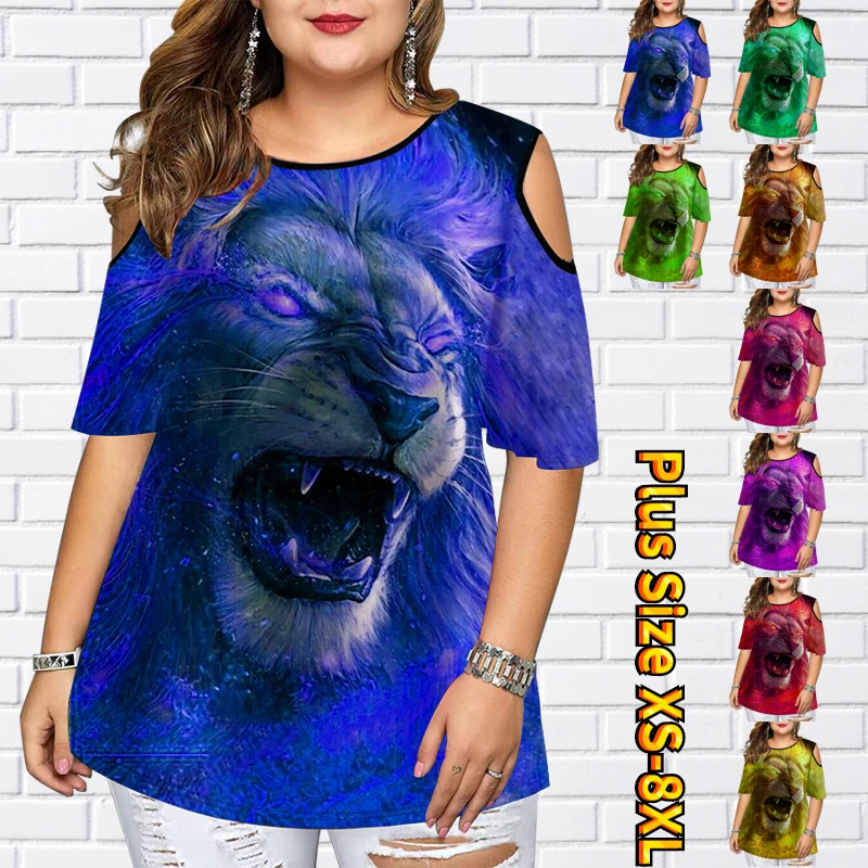 

Женская футболка с принтом льва, Свободный Топ с круглым вырезом и открытыми плечами, повседневный уличный Топ оверсайз с коротким рукавом, ...