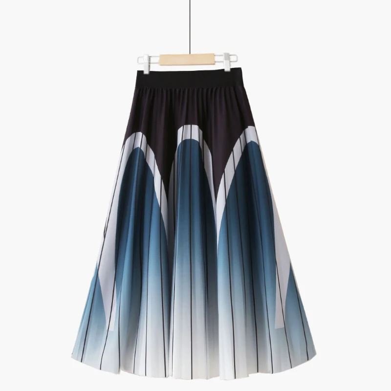 Spring Pleated Striped A-line Pleated Long Skirts City Landscape Pattern Printed Calf Long Drape Skirts