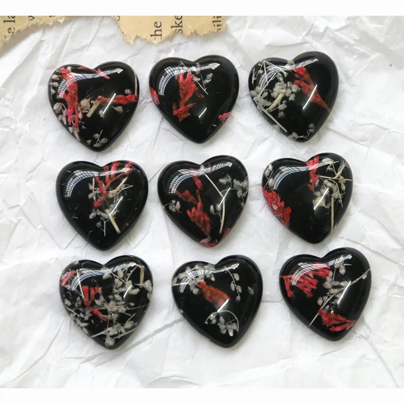 

5pcs temperament antique dried flower black heart Flatback Resin Cabochons Scrapbooking DIY Jewelry Craft Accessories