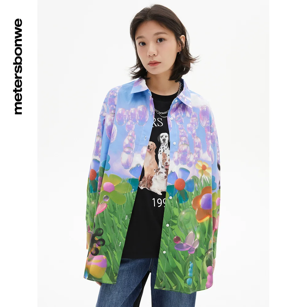 Metersbonwe Leisure Blouse Women Spring/Autumn Button Lapel Shirts Lady Loose Long Sleeve Oversize Blouses Colour Printing