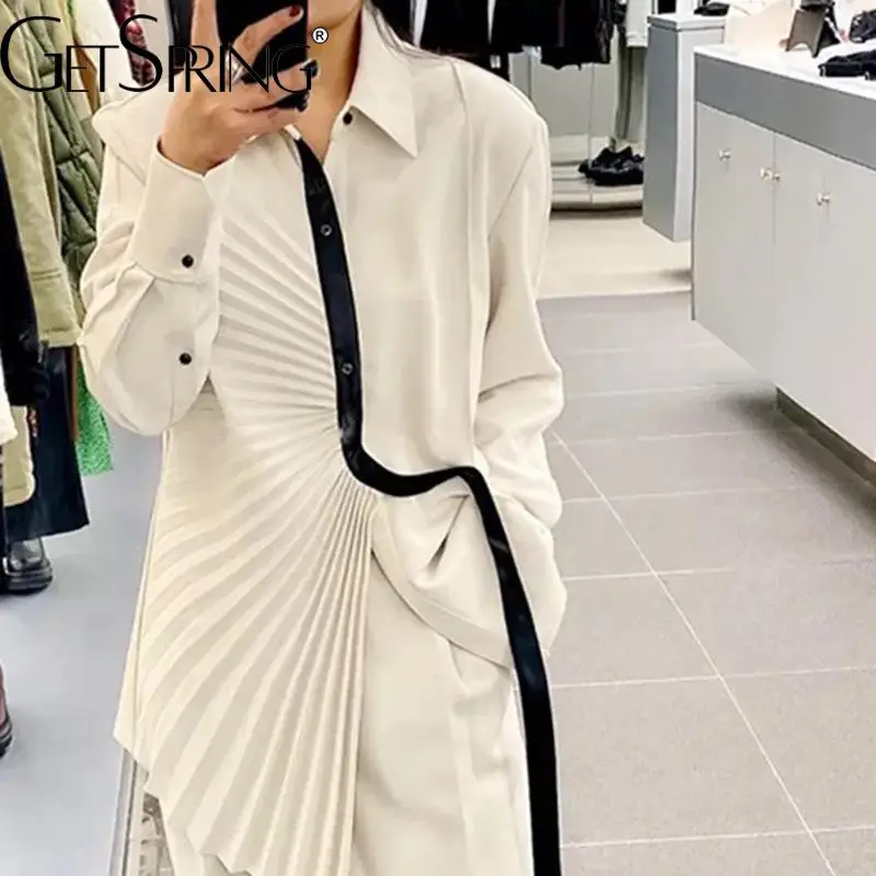 

GetSpring Women Shirt 2022 Autumn Temperament Patchwork Single Breasted Pleated White Blouse Fashion Loose Long Female Tops New