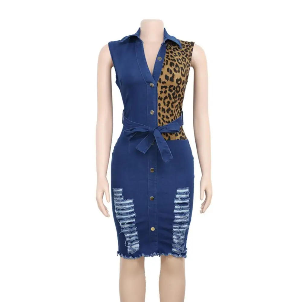

Women Dress Sleeveless Midi Dress Leopard Print Lapel Collar Waist Belt Ripped Denim Midi Dress
