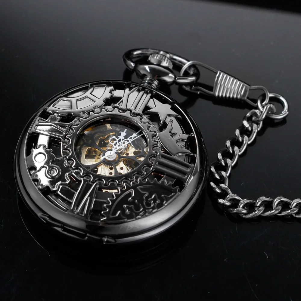 Black Hollow Exquisite Time Gear Steampunk Mechanical Pocket Watch Retro Gentleman Analog Signal Clock Lady Jewelry Gift