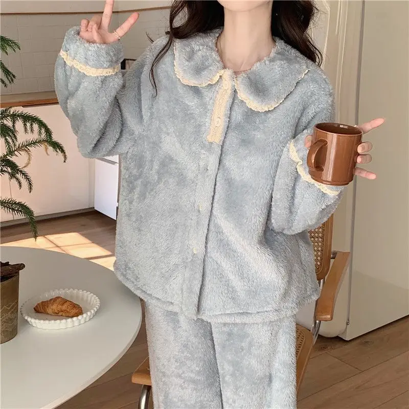 

Pajama Sets Women Winter Cozy New Korean Turn Down Collar Sleepwear Fashion Simple Comfortable Baggy Femme Warm Homewear Thicker