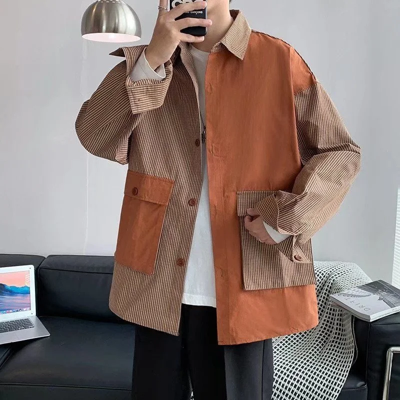 

Рубашка мужская с отложным воротником, модный свободный повседневный топ контрастных цветов, с длинным рукавом, с большими карманами, одежда для инструментов, на весну