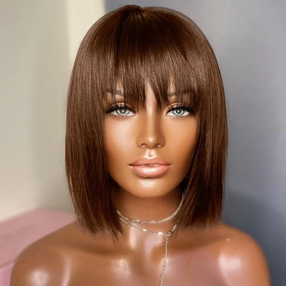 

Прямой короткий парик Боб с челкой, парик из коричневых человеческих волос с челкой для женщин, бразильский безклеевой полноразмерный пари...