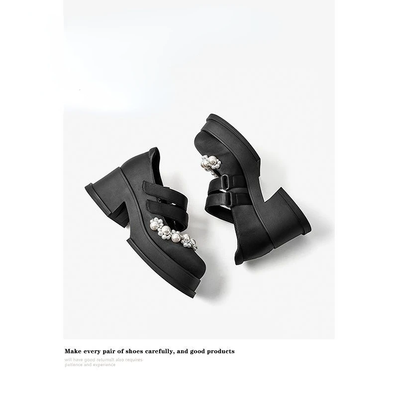 

Женские туфли в японском стиле, однотонные мягкие кожаные туфли с квадратным носком, с жемчужной пряжкой, с волшебной лентой, повседневная обувь в Стиле Лолита