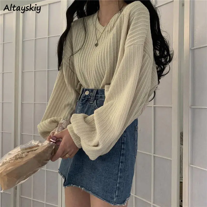 

Retro V-neck Pullovers Women Stylish Solid Sweet Lantern Long Sleeve Tops High Street Females Gentle Loose Casual Knitting Chic