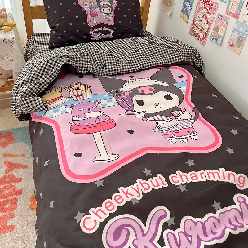 

Kawaii Kuromi Dormitory Three-Piece Set Anime Cartoon Sheets Quilt Cover Pillowcase Domestic Double Bed Set of Four Girls Gift