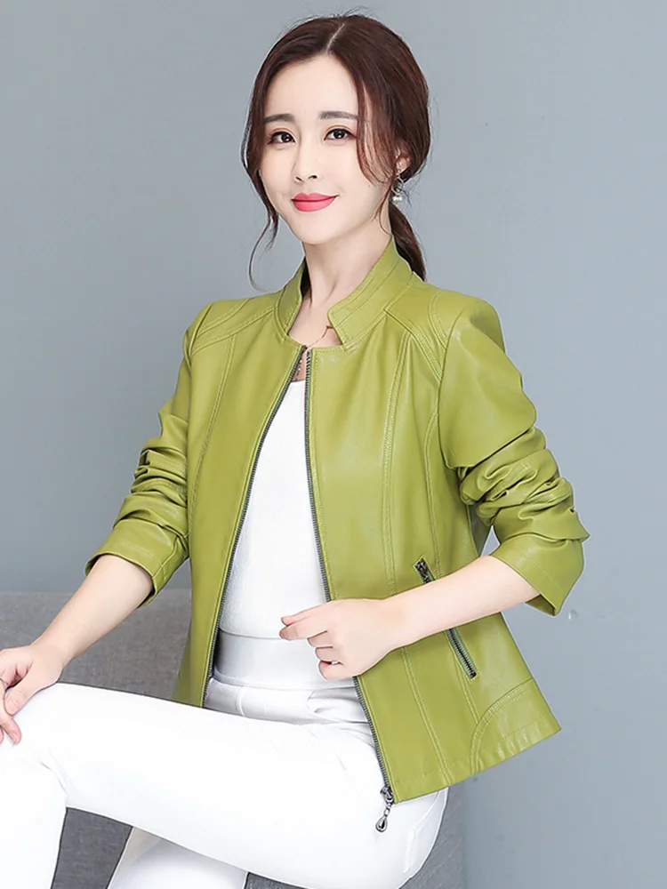 New Women Pretty Leather Jacket Spring Autumn Fashion Small Stand Collar Sheepskin Short Coat Chic Slim Outerwear Split Leather