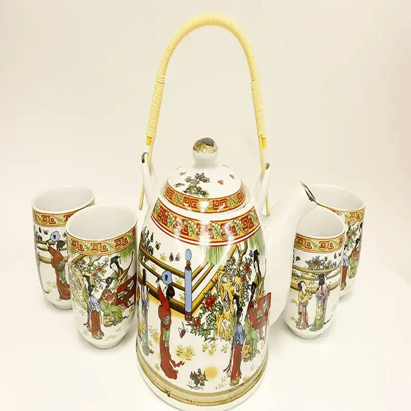 

Hand Painted Ceramic Teapot w/ 4 Tea Cups ~ Chinese Women Painting Designed Teapot Bottle Holds 33.4 fl.oz