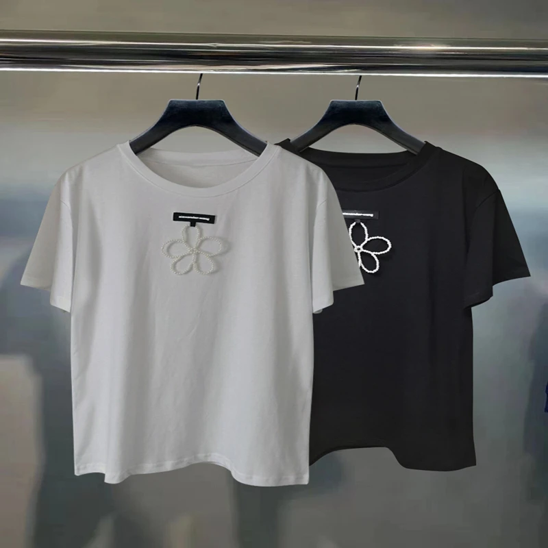 

High Quality Summer Reduction Age Slim Short Sleeve Top Letter Print Pearl Flower Decorative Round Neck T-Shirt X073