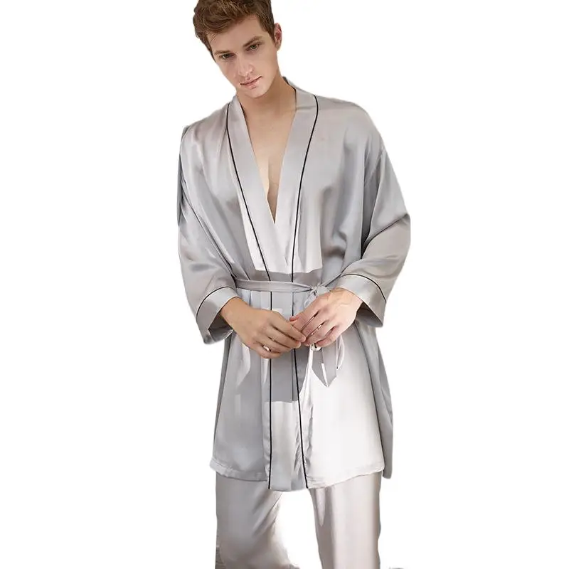 Silky Luxury 100% Pure Mulberry Silk Mens Pajamas Lightweight Robe Long Pants Set Light Nightwear For Coverage