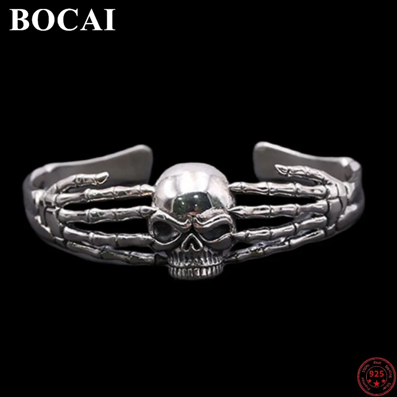 

BOCAI s925 Sterling Silver Bracelet for Men 2022 Christmas New Fashion Skull Skeleton Bangle Pure Argentum Popular Punk Jewelry