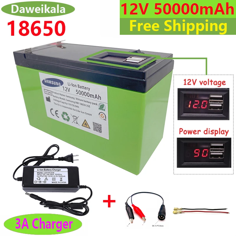 

2023power Display 12V50Ah 18650 Lithium Battery Pack Is Suitable for Solar Energy and Electric Vehicle Battery + 12.6V3A Charger