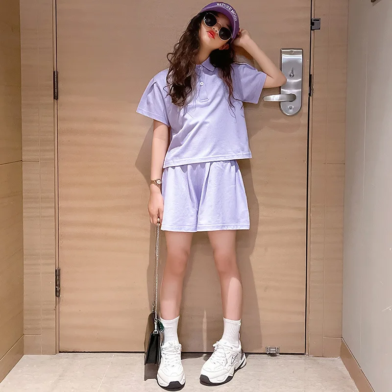 

Детская летняя одежда, наряды для девочек, топ с коротким рукавом + шорты, наряды для девочек-подростков, детский однотонный костюм 10, 12, 14 лет