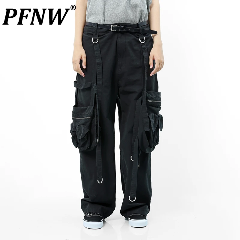 PFNW Spring Autumn Men's Wearproof Chic Removable Pockets Cargo Pants Trendy Vintage Strap Tide Mid Waist Cool Trousers 12A8057