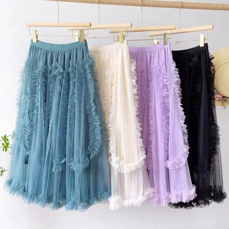 

2022 Summer New Japanese Korean Anime Girl Sweet Princess Skirt Simple Elastic Fairy Temperament Mesh Tutu Skirt Free Shipping
