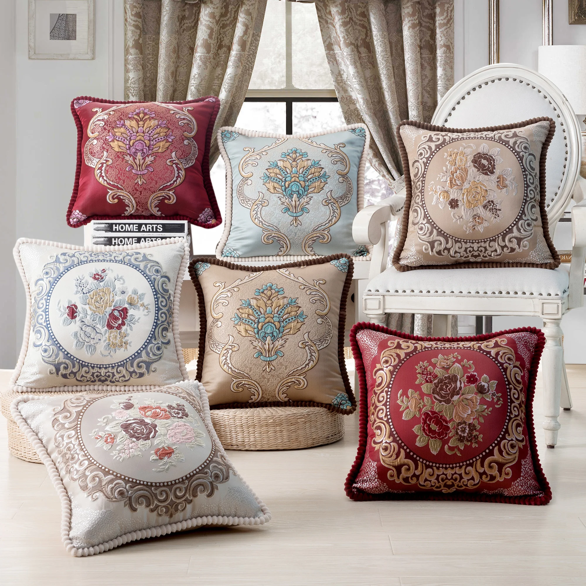 

European StyleFlower Embroidery Cushion Cover Pillow Cases Jacquard Cushion Covers for Living Bedroom Home Decor 48x48cm
