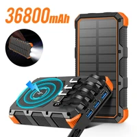 36800mah qi wireless charger solar power bank built in cable powerbank for iphone 13 samsung s22 xiaomi poverbank with led light