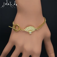 2022 copper zircon chinese folding fan pendant bracelet hip hop stainless steel adjustable chain bracelets jewelry gifts bc35s05