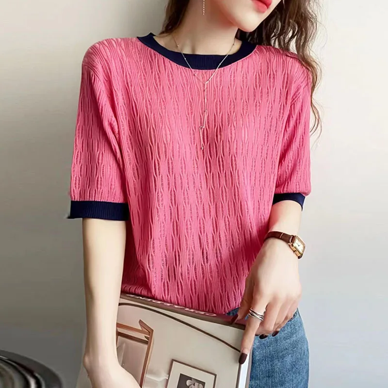 

2023 Summer New O Neck Short Sleeve Tshirts Hollow Out Fashion T Shirt Women Thin Knitted Tops Female Patchwork Tee Shirt Femme