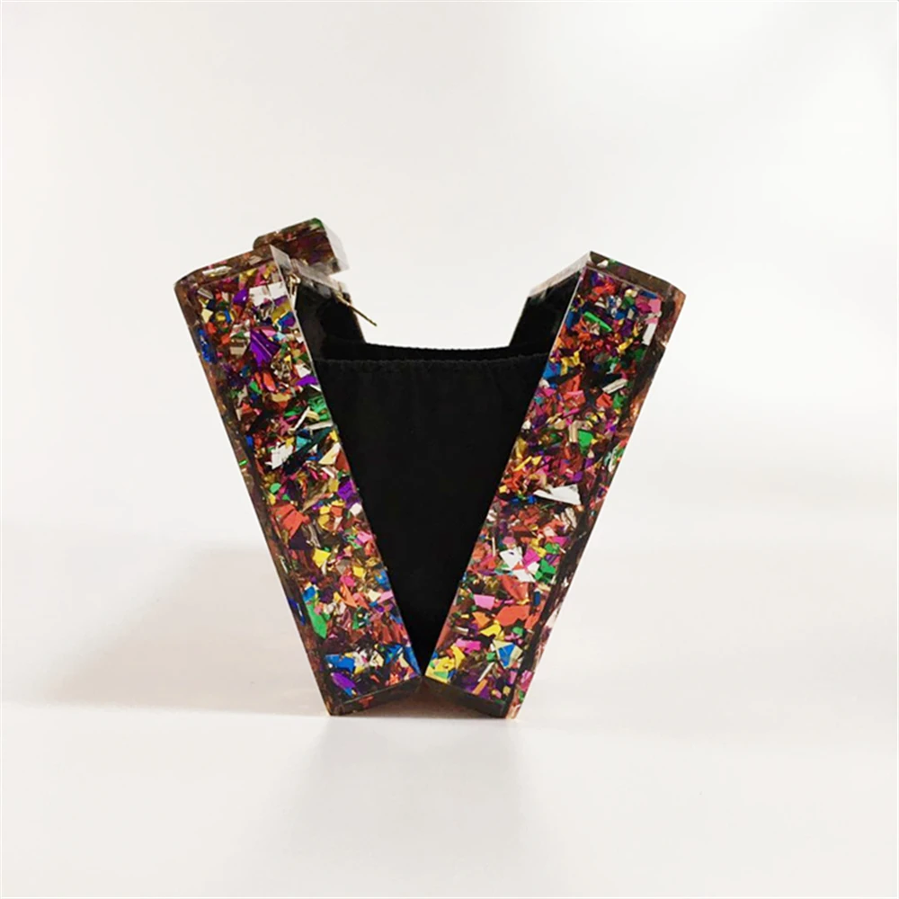 Chic Trendy Colorful Sequins Acrylic Evening Bag Ladies Luxury Elegant Hard Box Prom Party Clutch Stylish BlingBling Chain Purse