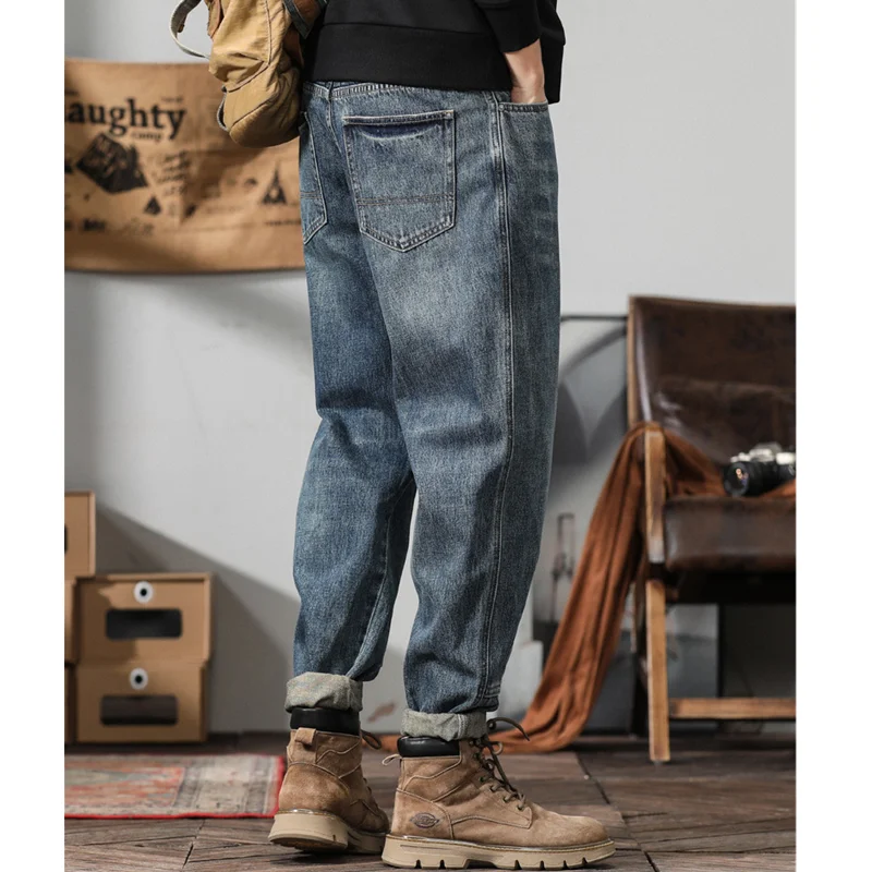 Men Clothing New Pattern Recreational Vintage Broad Leg Blue Splicing Jeans Straight Cylinder Large  Loose Trousers Autumn Women