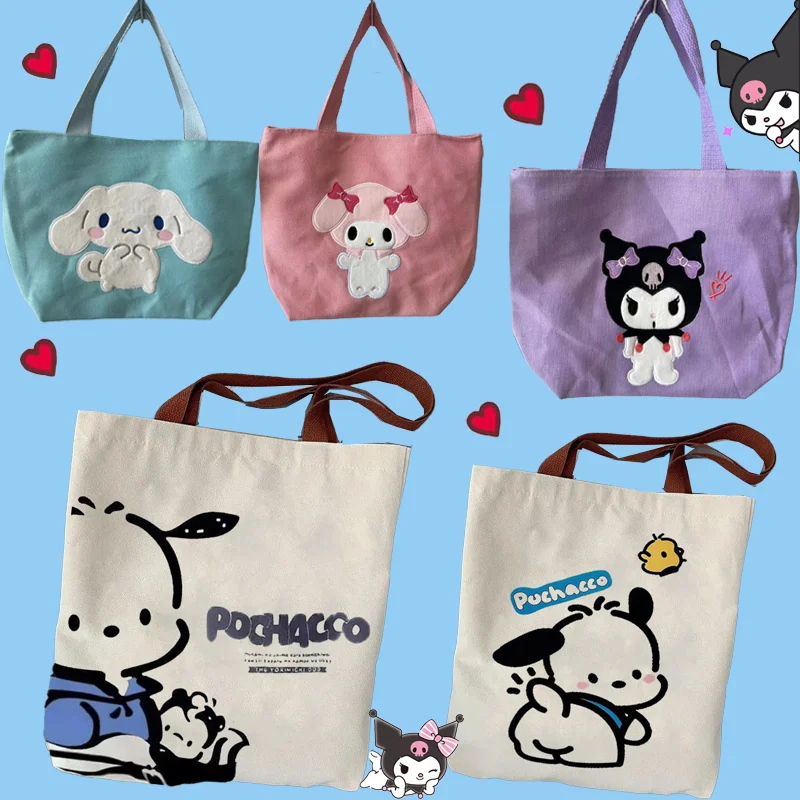 

Sanrio Kuromi Canvas Bag Pachacco Pompompurin Girls Cartoon Print Zipper Square Reusable Shopping Bag Simple Casual Daily Tote