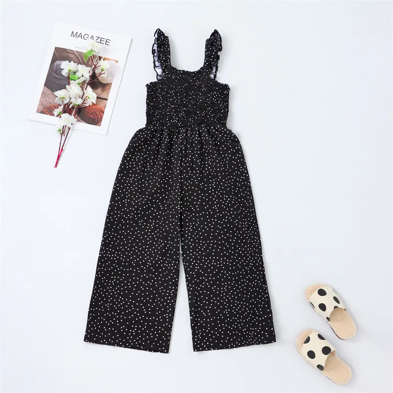 Toddler Girl Polka Dots Smocked Sleeveless Strap Jumpsuit Ruffle Wide Leg Pants Summer 2-7y  Wholesale Clothing
